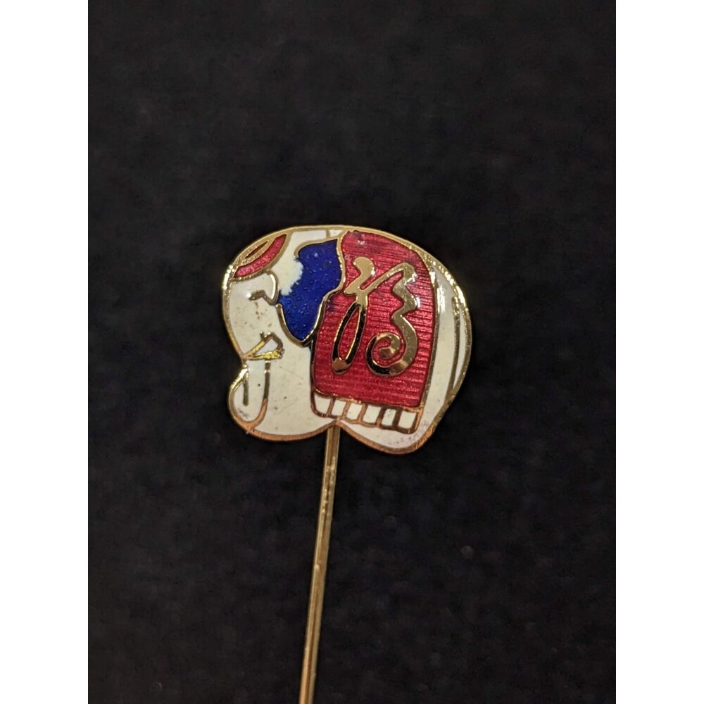Vintage Cloisonne Elephant Red Blue Stick Pin Gold Tone